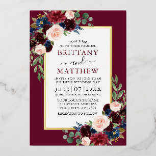 Invitation En Aluminium Elégante aquarelle Floral Bourgogne Mariage Or