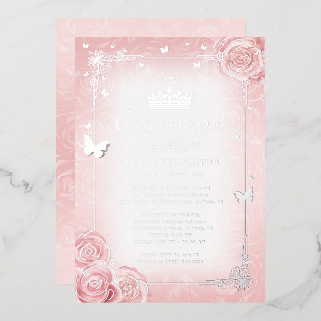Invitation En Aluminium Elégante aquarelle florale Quinceanera rose clair (Recto/Verso)