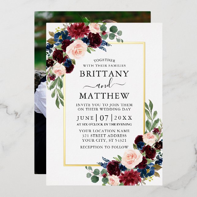 Invitation En Aluminium Elégante aquarelle Mixte Florale Photo Mariage Or (Recto/Verso)