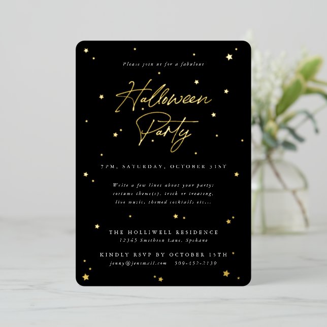 Invitation En Aluminium Élégante Black+Gold Stars Scattered Party Hallowee (Debout devant)