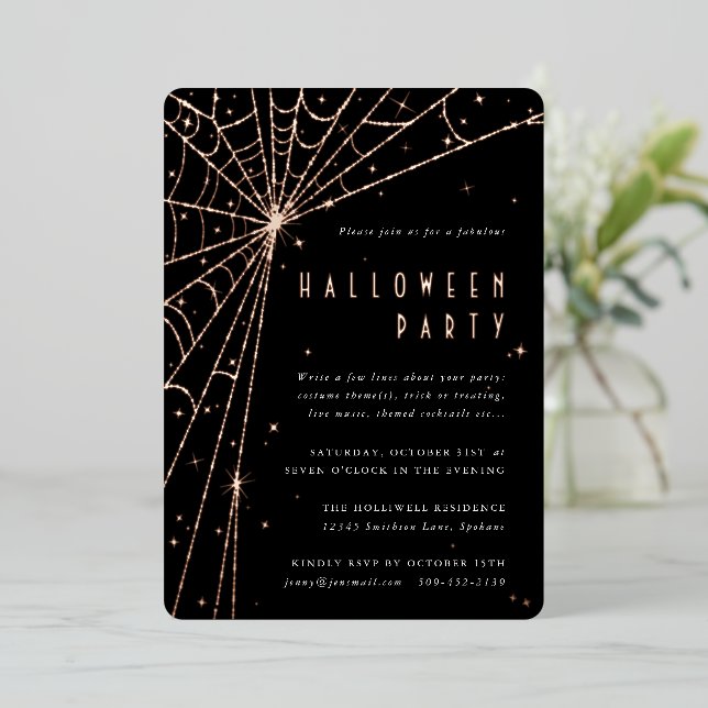 Invitation En Aluminium Elégante Black Spider Web Halloween Party (Debout devant)