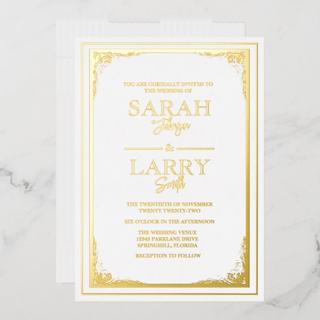Invitation En Aluminium Elégante bordure or Mariage traditionnel (Enveloppe)
