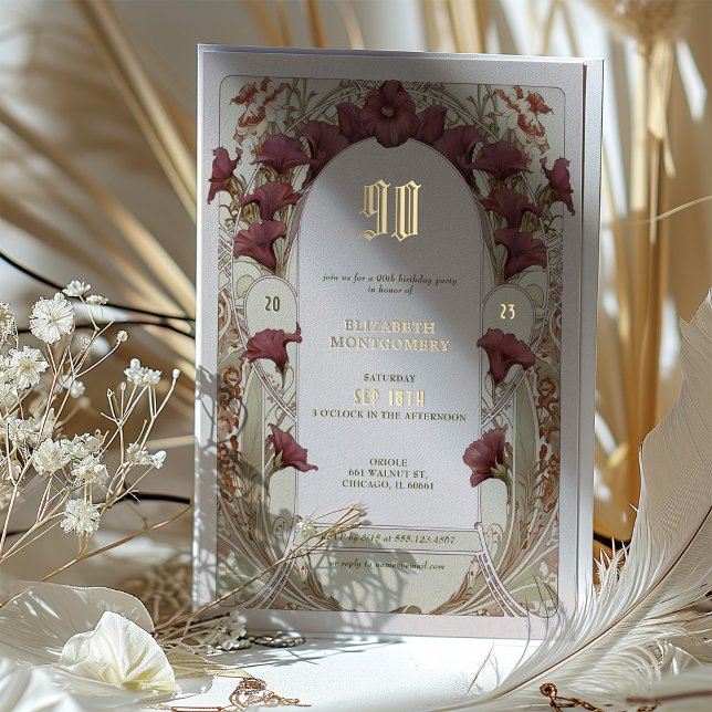 Invitation En Aluminium Elégante Bourgogne Floral 90e anniversaire Foil (Créateur téléchargé)