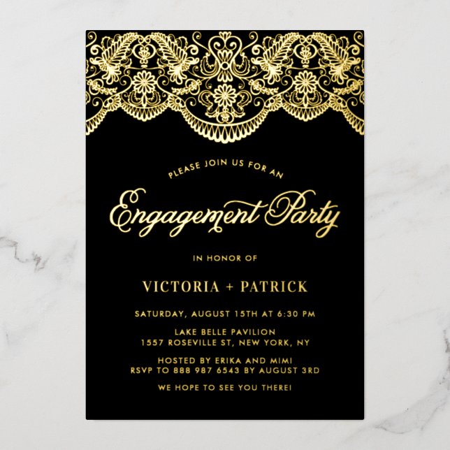 Invitation En Aluminium Elégante Brocade Lace Black Photo Party (Recto)