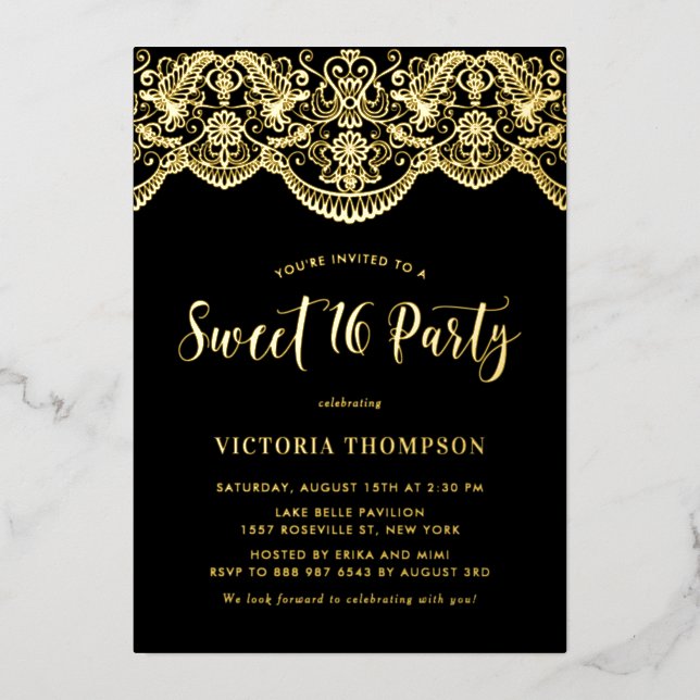 Invitation En Aluminium Elégante Brocade Lace Black Sweet 16 Party (Recto)