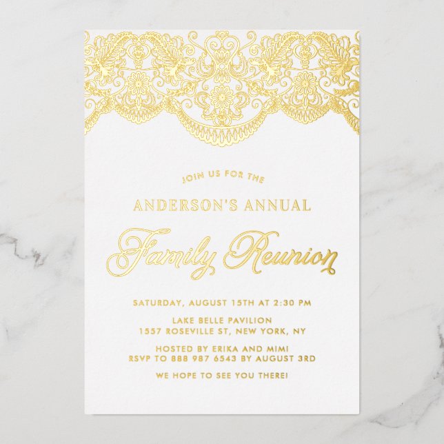 Invitation En Aluminium Elégante Brocade Lace Florale Réunion de famille (Recto)