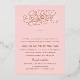 Invitation En Aluminium Élégante calligraphie Baptême Blush Rose Or 