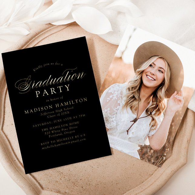 Invitation En Aluminium Élégante calligraphie Black Photo Graduation Party (Créateur téléchargé)