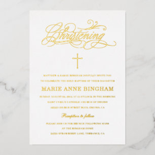 Invitation En Aluminium Élégante calligraphie Christening Gold