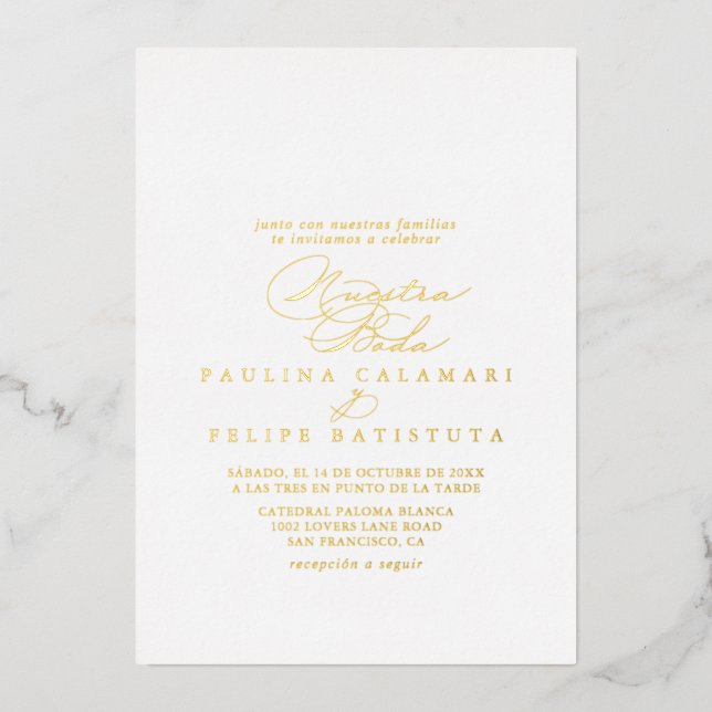 Invitation En Aluminium Élégante Calligraphie élégant Nuestra Boda Gold (Recto)