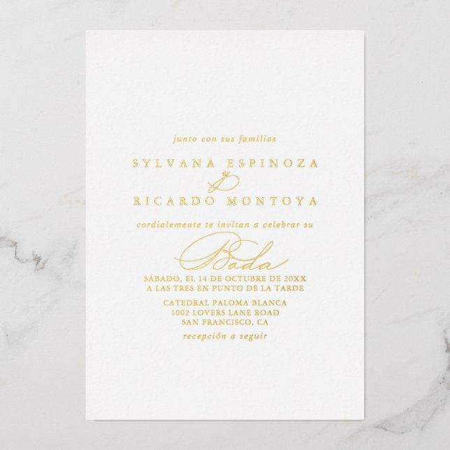 Invitation En Aluminium Élégante calligraphie élégante Mariage espagnol or (Recto)