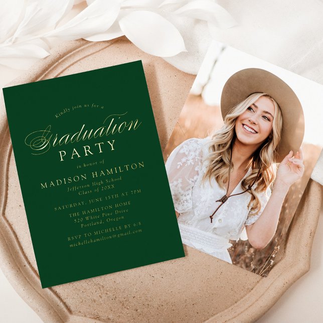 Invitation En Aluminium Élégante calligraphie Green Photo Graduation Party (Créateur téléchargé)