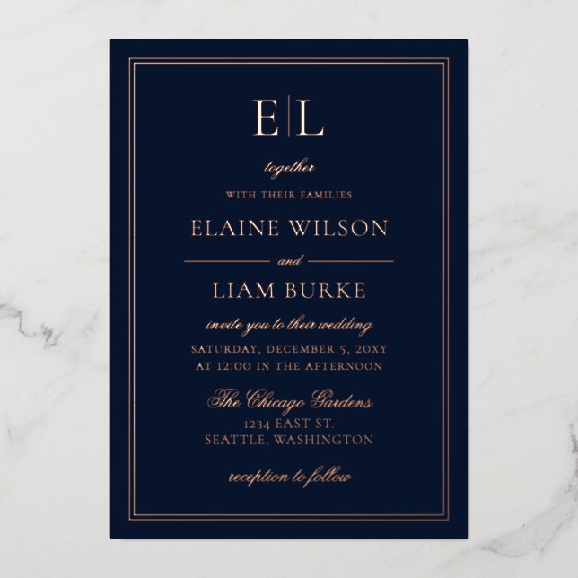 Invitation En Aluminium Élégante calligraphie Luxe Marine Rose Gold Mariag (Recto)