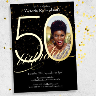 Invitation En Aluminium Elégante Confetti Black Gold Photo 50e anniversair