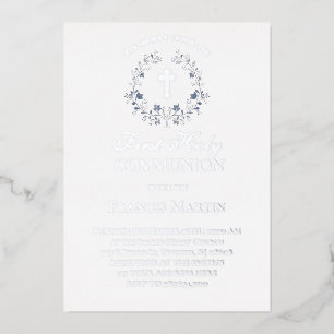 Invitation En Aluminium élégante couronne bleue première communion sainte