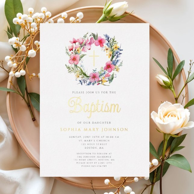 Invitation En Aluminium Élégante couronne florale fille Baptême or (Elegant Floral Wreath Girl Baptism Gold Foil Invitation)