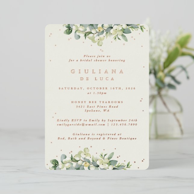 Invitation En Aluminium Elégante crème Snowberry+Eucalyptus Fête des marié (Debout devant)