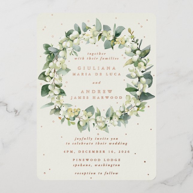 Invitation En Aluminium Elégante crème Snowberry+Eucalyptus Wreath Mariage (Recto)
