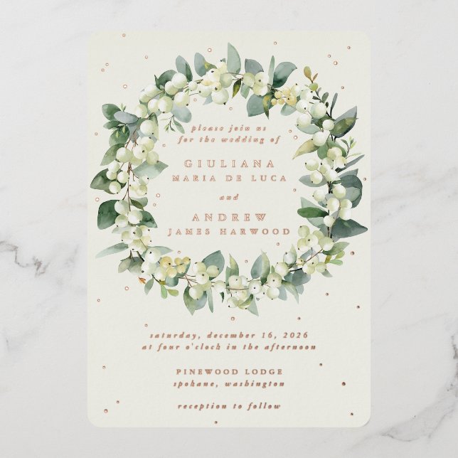 Invitation En Aluminium Elégante crème Snowberry+Eucalyptus Wreath Mariage (Recto)