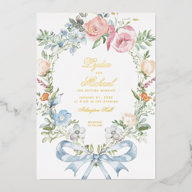 Invitation En Aluminium Élégante crête de couronne fleurie | Mariage monog (Recto)