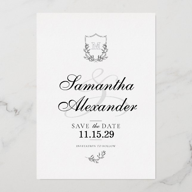 Invitation En Aluminium Élégante crête noire et blanche Enregistrer la dat (Recto)