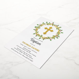 Invitation En Aluminium Elégante Croix d'or Baptême de fleurs de couronne
