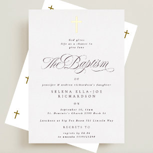 Invitation En Aluminium Élégante croix d'or Calligraphie Baptême