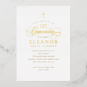 Invitation En Aluminium Élégante croix d'or Calligraphie Première Comunión