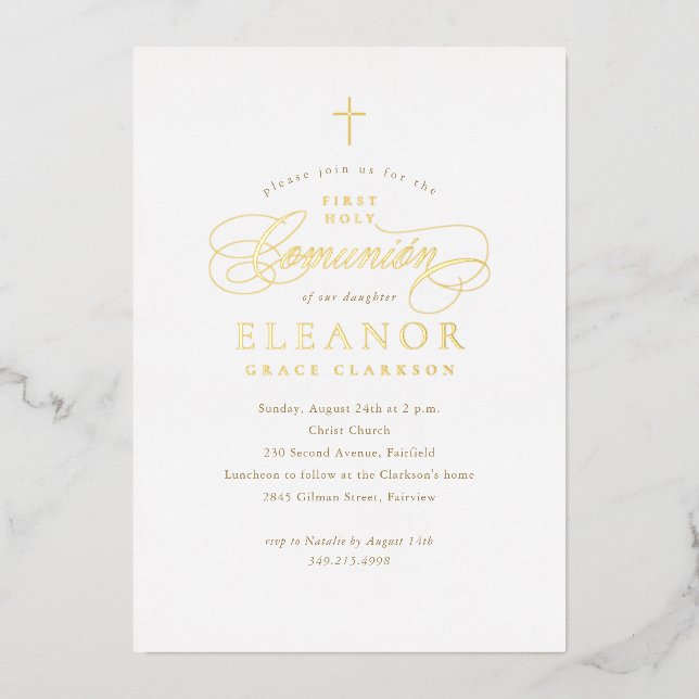 Invitation En Aluminium Élégante croix d'or Calligraphie Première Comunión (Recto)
