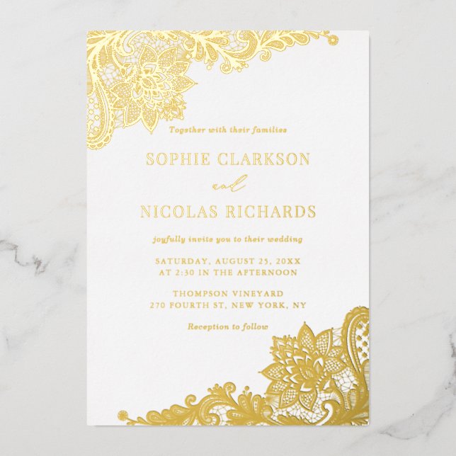 Invitation En Aluminium Elégante dentelle antique Rustique Mariage Or (Recto)