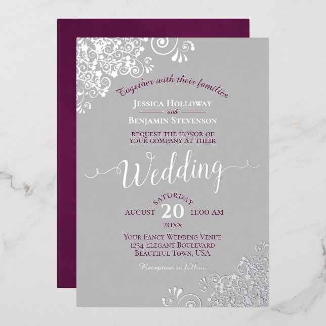 Invitation En Aluminium Elégante dentelle argentée pourpre sur Mariage gri (Recto/Verso)