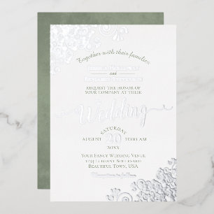 Invitation En Aluminium Elégante dentelle d'argent & Sage vert sur Mariage