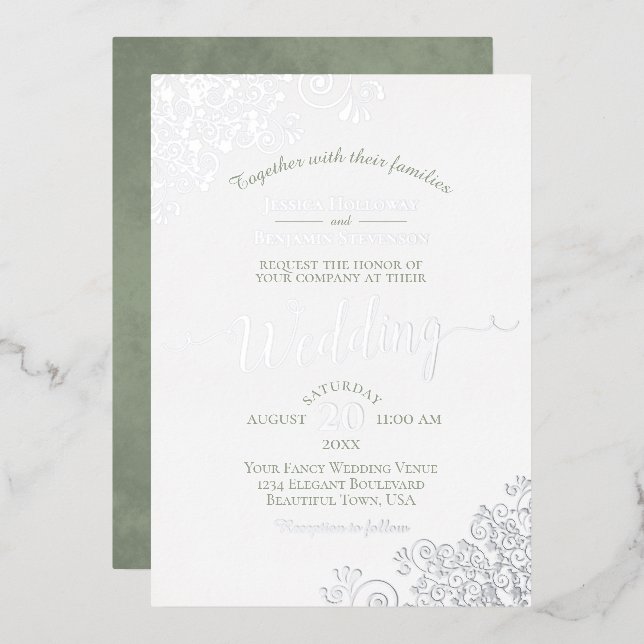 Invitation En Aluminium Elégante dentelle d'argent & Sage vert sur Mariage (Recto/Verso)