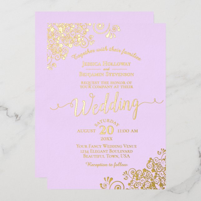 Invitation En Aluminium Elégante dentelle d'huile d'or sur Lilac Mariage v (Recto/Verso)