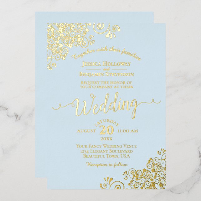 Invitation En Aluminium Elégante dentelle d'huile d'or sur Mariage bleu po (Recto/Verso)