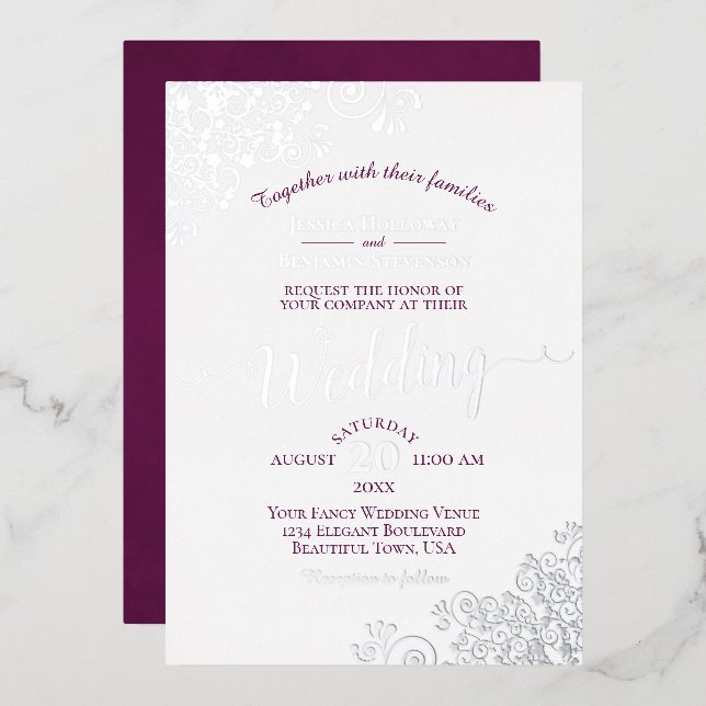 Invitation En Aluminium Elégante dentelle et magenta en argent sur Mariage (Recto/Verso)