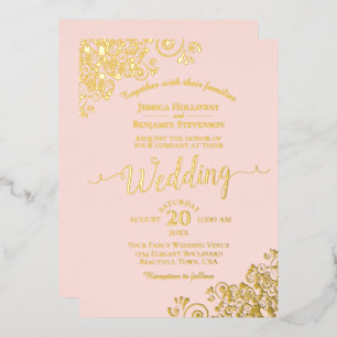 Invitation En Aluminium Elégante dentelle or à huile sur Mariage rose