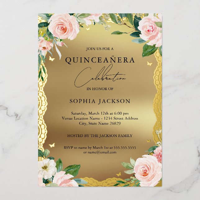 Invitation En Aluminium Elégante dentelle or rose Floral Quinceanera (Recto)