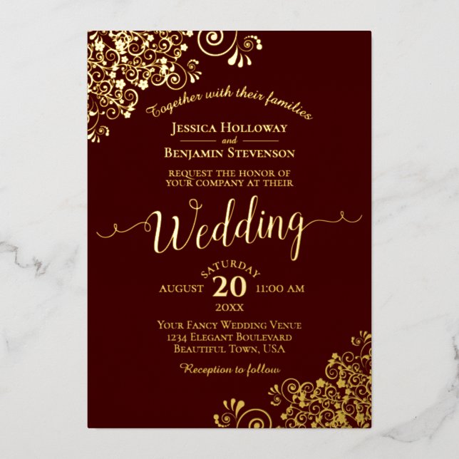 Invitation En Aluminium Elégante dentelle or sur Auburn Brown Mariage (Recto)