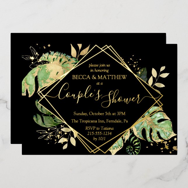 Invitation En Aluminium Élégante douche à couple tropical Noir & Gold Foil (Recto/Verso)