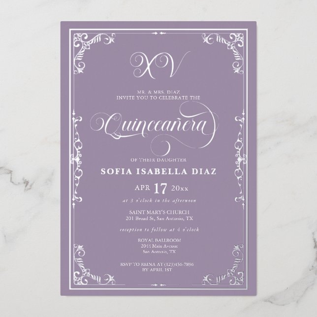 Invitation En Aluminium Elégante Dusty Purple Lavender Quinceañera Argent (Recto)