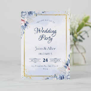 Invitation En Aluminium Élégante Fête de Mariage Florale Bleue