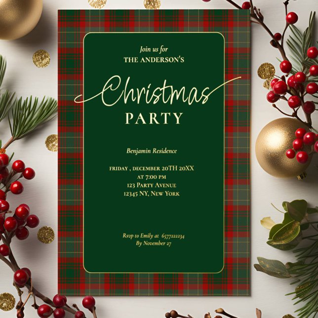 Invitation En Aluminium Élégante fête de Noël de Buffle Vert Plaid (Créateur téléchargé)