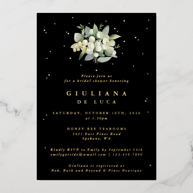 Invitation En Aluminium Elégante Fête des mariées Black Snowberry+Eucalypt (Recto)