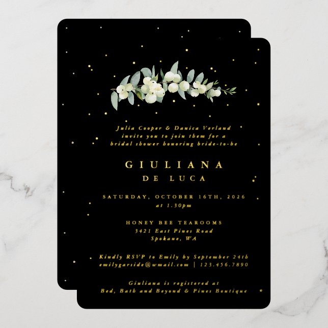 Invitation En Aluminium Elégante Fête des mariées Black Snowberry+Eucalypt (Recto/Verso)