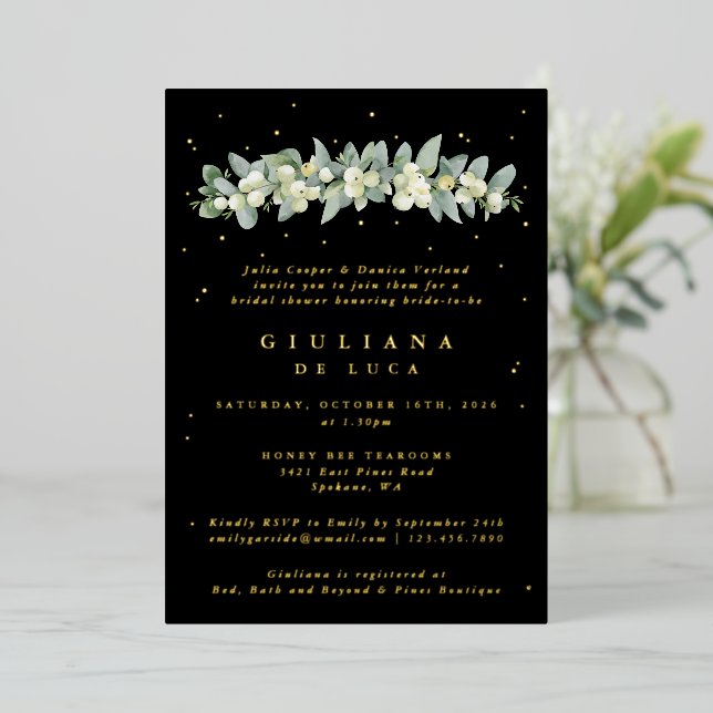 Invitation En Aluminium Elégante Fête des mariées Black Snowberry+Eucalypt (Debout devant)