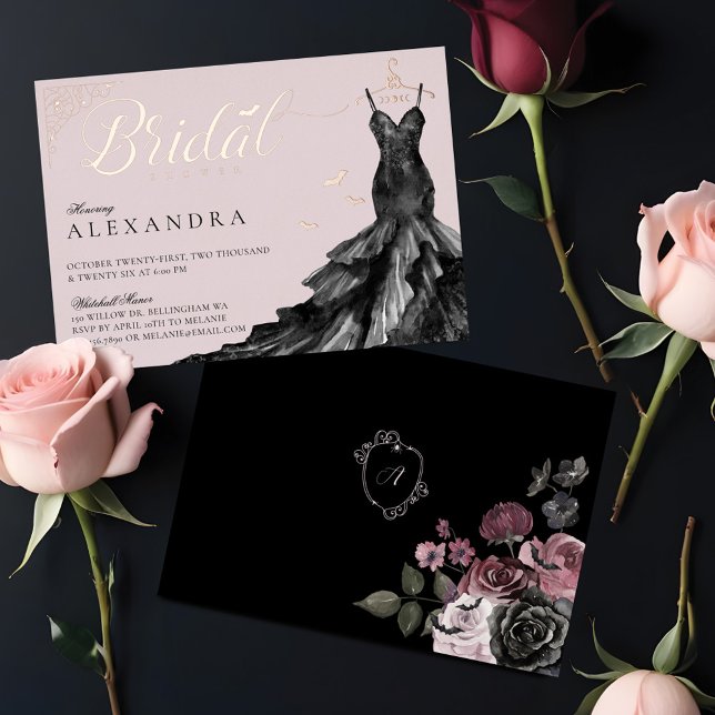 Invitation En Aluminium Élégante Fête des mariées de robe Mariage gothique (Elegant Gothic Black Wedding Dress Bridal Shower Foil Invitation)