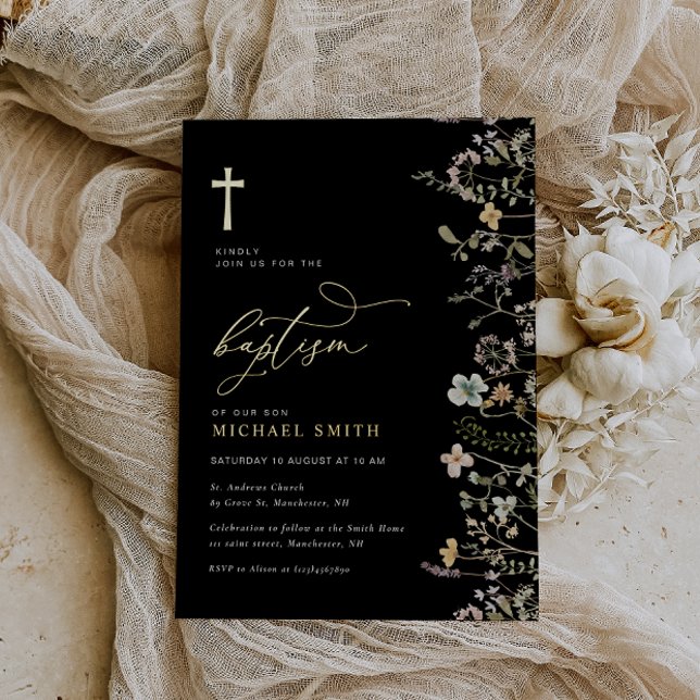 Invitation En Aluminium élégante feuille d'or fleur sauvage baptême invita (Créateur téléchargé)
