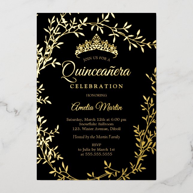 Invitation En Aluminium Elégante feuille d'or noir couronne Quinceanera (Recto)