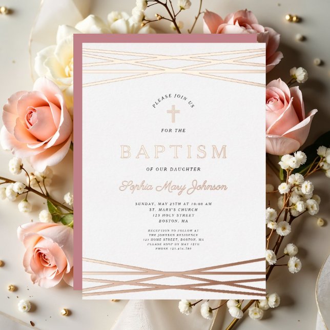 Invitation En Aluminium Élégante fille Baptême Rose Or (Elegant Girl Baptism Rose Gold Foil Invitation)